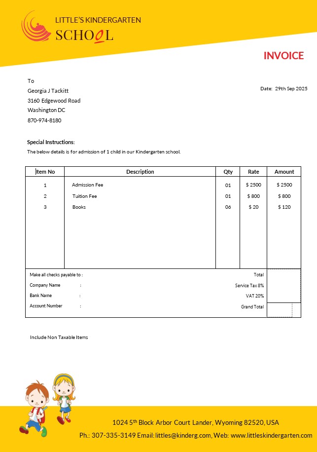 Kindergarten School Invoice Template PSD template